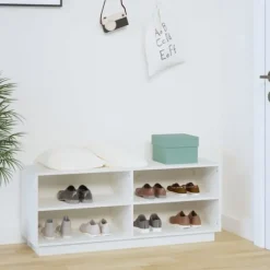 Skoskåp i massiv furu - Förvaring och tv-bänk | Färg: Vit | Storlek: 110x34x45 cm