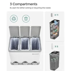 Skräpfack - Kök Prullen Bin - Metal Pedal Bin - 3 -in -1 bin - 24 liter - Avfallsseparation - Avfallsseparationssystem