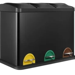 Skräpkorg, miljövänlig metallkonstruktion, tre fack,svart, 3x 15L (45L)