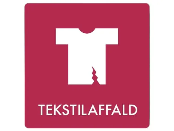 Skylt avfallspiktogram TEKSTILAFFALD 12x12 cm, aluminium, vinröd/vit