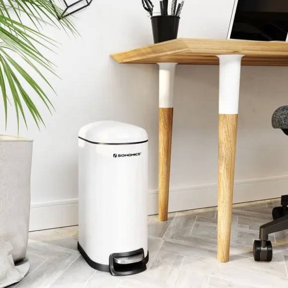 Smal soptunna, 10L pedalhink, stål, löstagbar innerhink, långsam stängning, för trånga utrymmen, vit