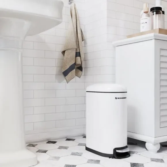 Smal soptunna, 10L pedalhink, stål, löstagbar innerhink, långsam stängning, för trånga utrymmen, vit