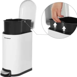 Smal soptunna, 10L pedalhink, stål, löstagbar innerhink, långsam stängning, för trånga utrymmen, vit