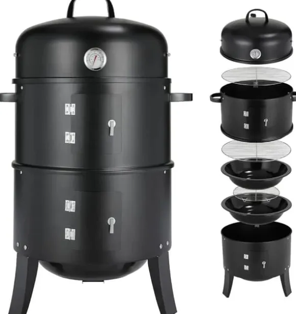 Smoker Rökgrill 3‑i‑1 - Kolgrill Vattensmoker - Med handtag - 2 rostfria galler - Inbyggd termometer och lock - Pulverlackerat stål