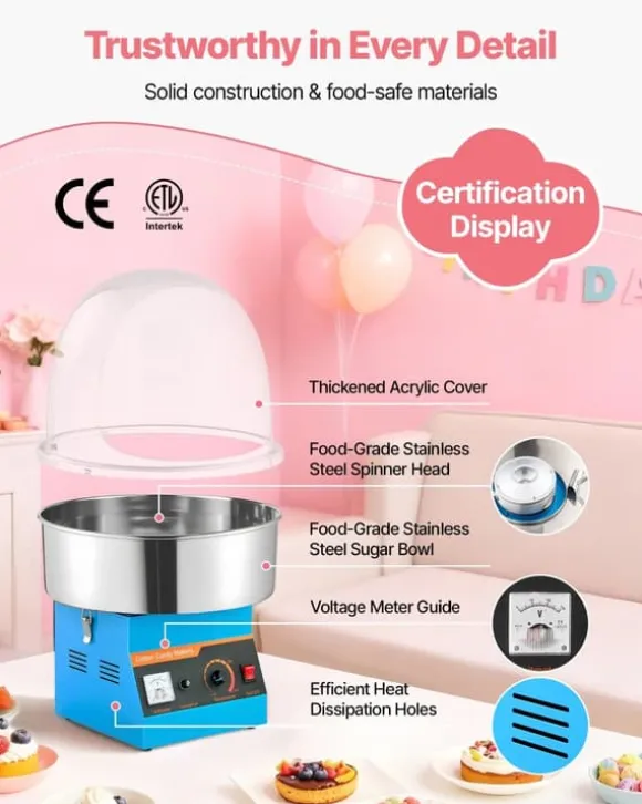 Sockervaddsmaskin - Elektrisk kommersiell - 1000 W - Med lock - Skål i rostfritt stål - Sockerskopa ingår - Blå