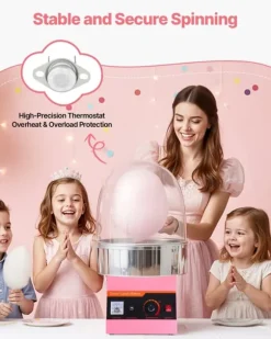 Sockervaddsmaskin - Elektrisk 1000 W - Kommersiell - Med lock - Skål i rostfritt stål - Sockerskopa - Rosa