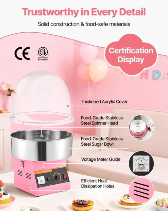Sockervaddsmaskin - Elektrisk 1000 W - Kommersiell - Med lock - Skål i rostfritt stål - Sockerskopa - Rosa