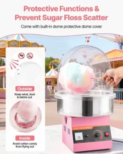 Sockervaddsmaskin - Elektrisk 1000 W - Kommersiell - Med lock - Skål i rostfritt stål - Sockerskopa - Rosa