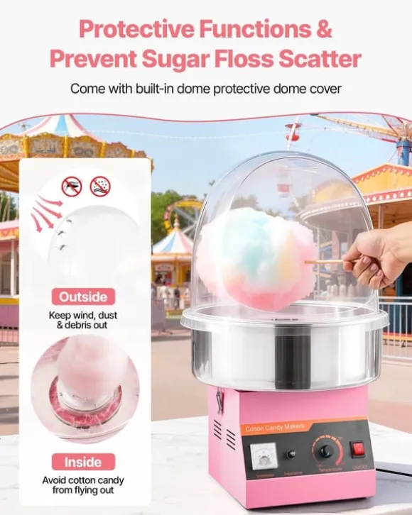Sockervaddsmaskin - Elektrisk 1000 W - Kommersiell - Med lock - Skål i rostfritt stål - Sockerskopa - Rosa