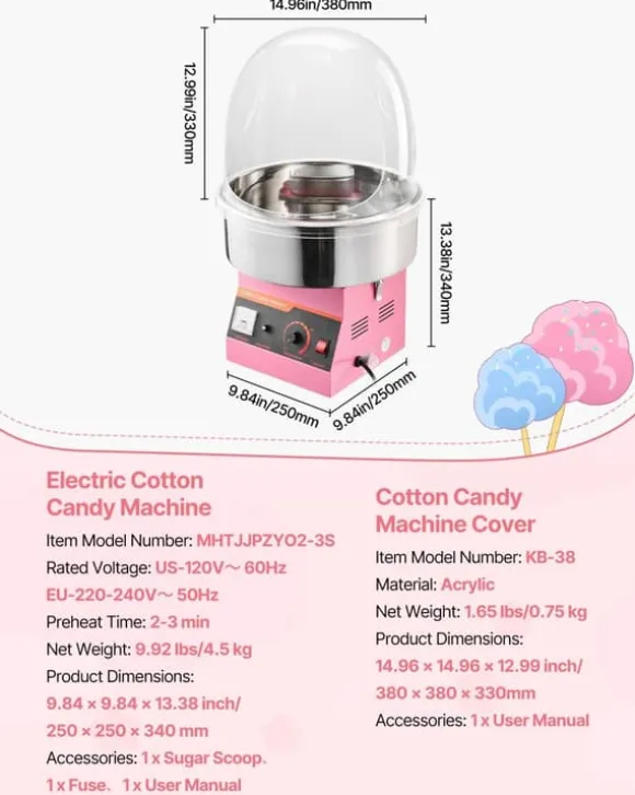 Sockervaddsmaskin - Elektrisk 1000 W - Kommersiell - Med lock - Skål i rostfritt stål - Sockerskopa - Rosa