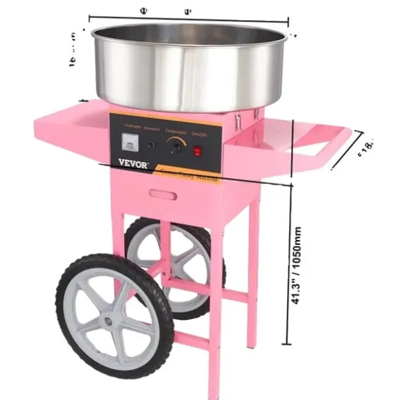 Sockervaddsmaskin, kommersiell kvalitet, rostfri stålskål, Rosa med vagn