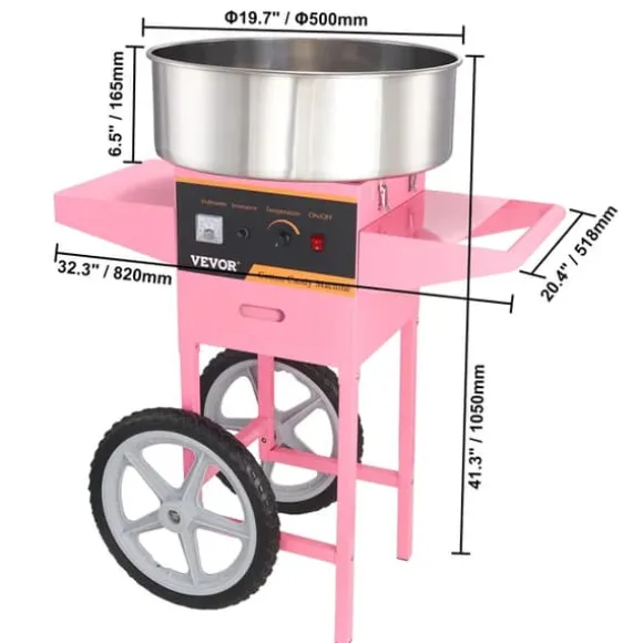 Sockervaddsmaskin, kommersiell kvalitet, rostfri stålskål, Rosa med vagn