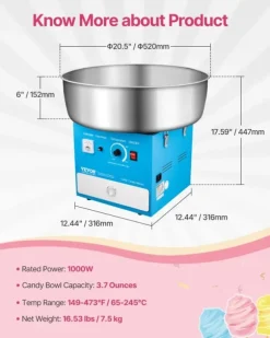 Sockervaddsmaskin, 1000W effekt, 3,7 ounces kapacitet, temperaturintervall 149-473°F,Blå