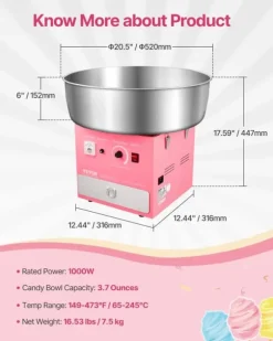 Sockervaddsmaskin, 1000W Effekt, Temperaturkontroll,Rosa