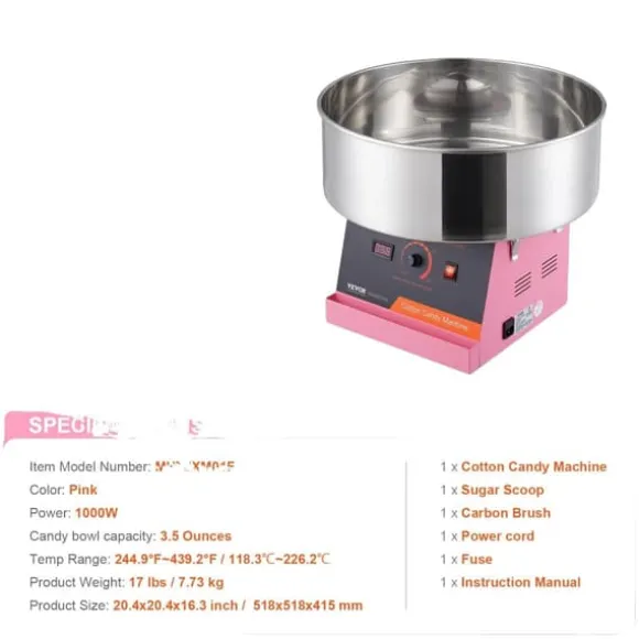 Sockervaddsmaskin, 1000W hög effekt, rostfri stålskål,Rosa