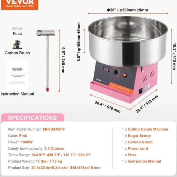 Sockervaddsmaskin, 1000W hög effekt, rostfri stålskål,Rosa