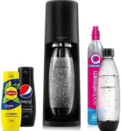 SODASTREAM Terra Black Saturator + CO2-patron rosa 2 flaskor Fuse 1l sirap (Pepsi, Lipton) Svart