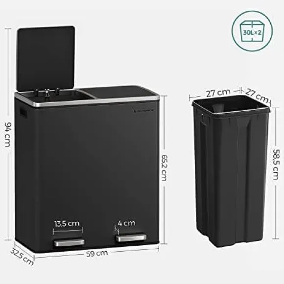 SONGMICS Dubbel soptunna, 2 x 30L avfalls- och återvinningskökskärl, svart