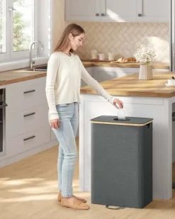 SONGMICS insamlingsbehållare för pantflaskor 95 L skiffergrå-naturbeige