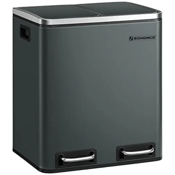 Songmics Kitchen Bin, 2 x 15 L stål skräpfack, stegfack med inre hinkar, antracitgrå
