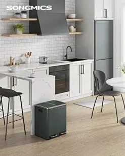 Songmics Kitchen Bin, 2 x 15 L stål skräpfack, stegfack med inre hinkar, antracitgrå