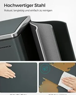 Songmics Kitchen Bin, 2 x 15 L stål skräpfack, stegfack med inre hinkar, antracitgrå