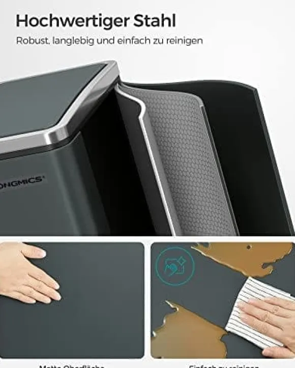 Songmics Kitchen Bin, 2 x 15 L stål skräpfack, stegfack med inre hinkar, antracitgrå