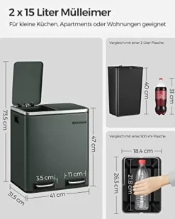 Songmics Kitchen Bin, 2 x 15 L stål skräpfack, stegfack med inre hinkar, antracitgrå