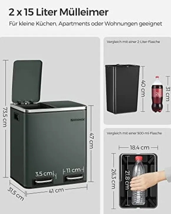Songmics Kitchen Bin, 2 x 15 L stål skräpfack, stegfack med inre hinkar, antracitgrå
