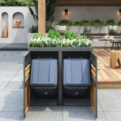 Sopkärlsbox för 2 kärl (120–240L) med planteringsbart tak – Grå dörr i trälook, utbyggbar förvaringsbox för soptunnor – Utan sopkärl