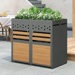 Sopkärlsbox för 2 kärl (120–240L) med planteringsbart tak – Grå dörr i trälook, utbyggbar förvaringsbox för soptunnor – Utan sopkärl