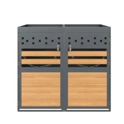Sopkärlsbox för 2 kärl (120–240L) med planteringsbart tak – Grå dörr i trälook, utbyggbar förvaringsbox för soptunnor – Utan sopkärl