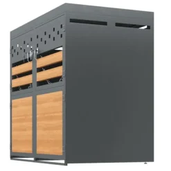 Sopkärlsbox för 2 kärl (120–240L) med planteringsbart tak – Grå dörr i trälook, utbyggbar förvaringsbox för soptunnor – Utan sopkärl