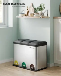 Soptunna, pedal, 45-liters metallsoptunna, källsorteringssystem för kök, tålig, 3 x 15 liter, rostfritt stål, silver och svart LTB45L