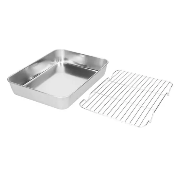 Stekpanna i rostfritt stål med ställ - Lätt att rengöra rektangulär stekpanna för matlagning och bakning (26,5x20,5x5cm / 10,4x8,1x2,0in)
