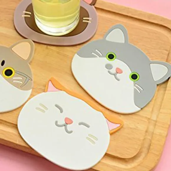 Söt katt silikongummiunderlägg set för dryckesglas - 6 st