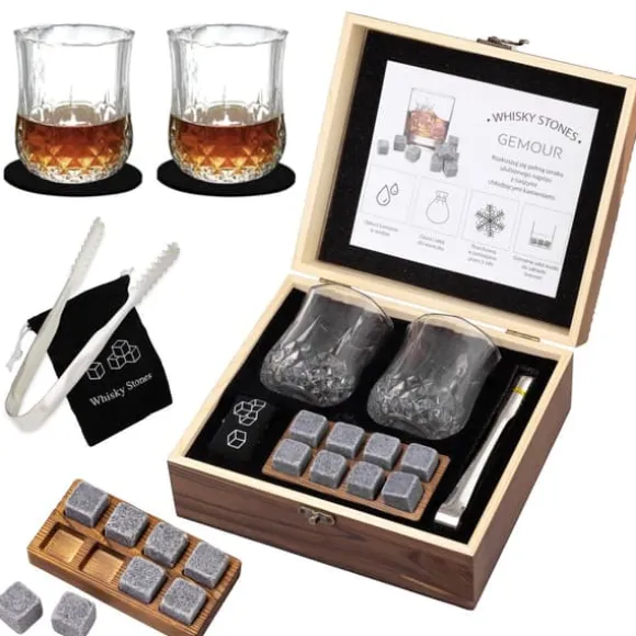 Stort presentset med whisky och kylstenar i glaslåda