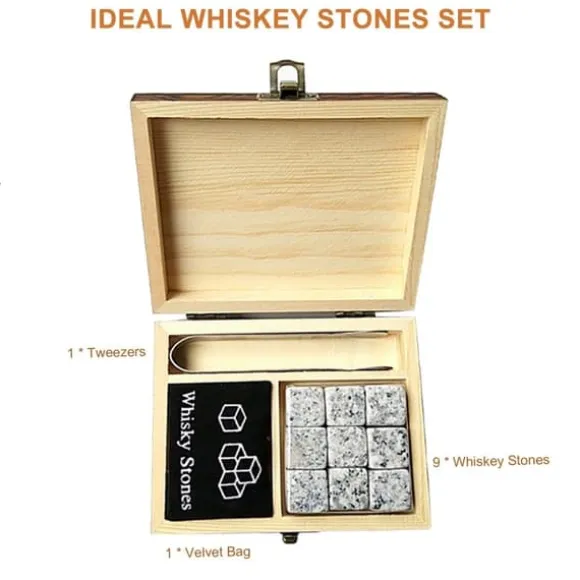 9 ST Whiskystenar Set Trälåda Chilling Rocks Återanvändbara isbitar