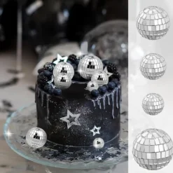 12 stycken disco-tårtdekorationer 3 cm, temafesttillbehör, små discokulor för tårtdekorationer, desserter, julfestdekorationer (silver)
