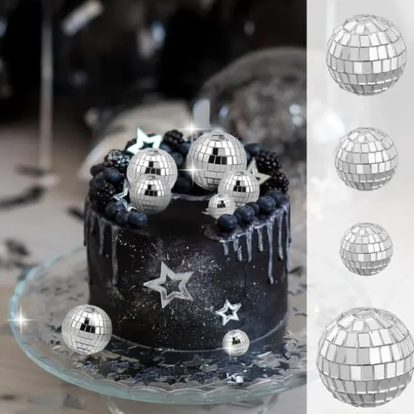 12 stycken disco-tårtdekorationer 3 cm, temafesttillbehör, små discokulor för tårtdekorationer, desserter, julfestdekorationer (silver)