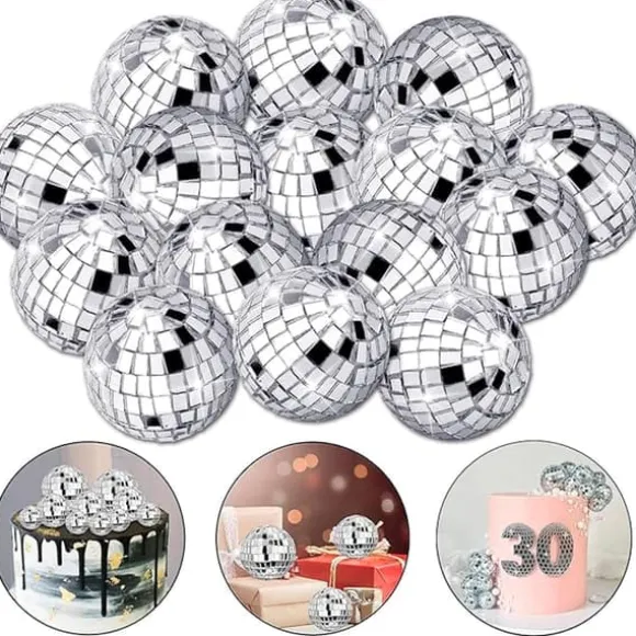 12 stycken disco-tårtdekorationer 3 cm, temafesttillbehör, små discokulor för tårtdekorationer, desserter, julfestdekorationer (silver)