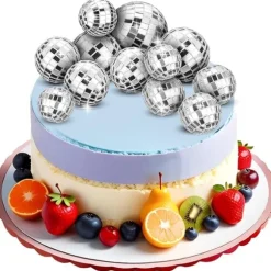 12 stycken disco-tårtdekorationer 3 cm, temafesttillbehör, små discokulor för tårtdekorationer, desserter, julfestdekorationer (silver)