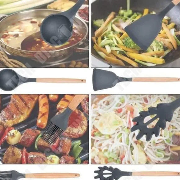 TD® köksredskapssats i silikon, värmebeständig 9-delad matlagningsverktyg med handtag av lövträ