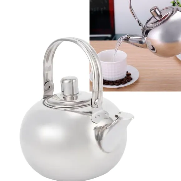 Tekanna i rostfritt stål i 304, platt botten, induktionskokare, vattenkokare, tekanna med filter, silver, 16 cm, 1,2 l