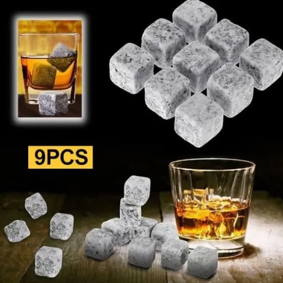 Återanvändbara whiskystenar - Ej specificerad - 9 stycken - Naturlig sten - Rundade kanter - Tvättbar