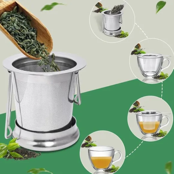 1 tesil i rostfritt stål med vikbara dubbla handtag och lock, kan hängas på tekannor, koppar, muggar, för att brygga löst te och kaffe