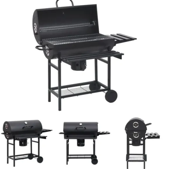 The Living Store Grilltunna med hjul och bord svart stål 115x85x95 cm - Utomhusgrillar