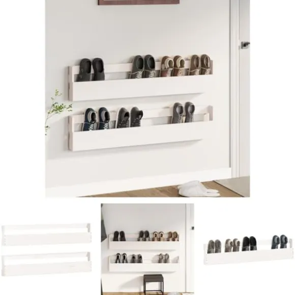 The Living Store Väggmonterade skoställ 2 st vit 110x9x23 cm massivt furu - Skoställ & skohyllor