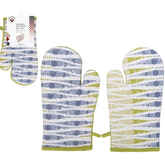 Tjocka kökshandskar i textil, par NICOLE, 100 % bomull, art. 52359, mönster, 8 färger, grön, vit, blå