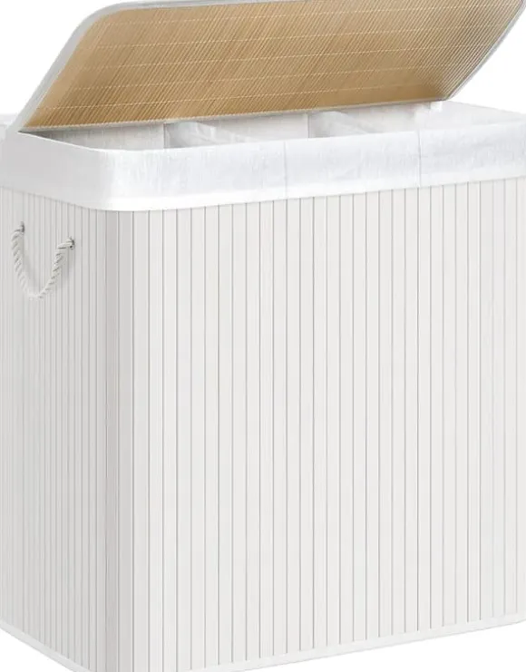 Tvättkorg i bambu 150L med 3 fack, avtagbar påse, lock - Vit